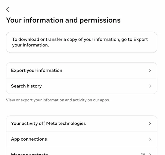 Instagram screen “Your information and permissions” with “Export your information” as the first entry