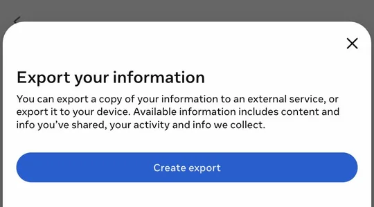 “Export your information” dialog with the “Create export” button