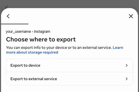 “Choose where to export” screen with the option “Export to device”