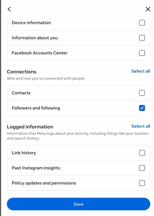 “Customize information” list with only “Followers and following” ticked in the Connections section