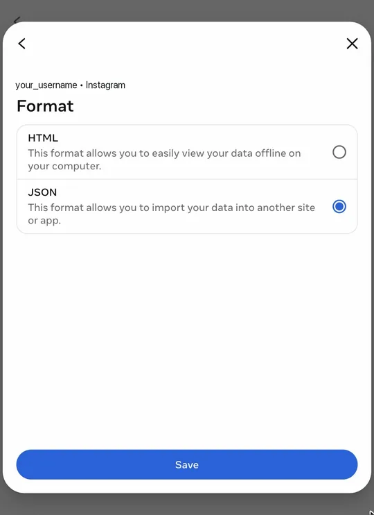“Format” options with “JSON” selected