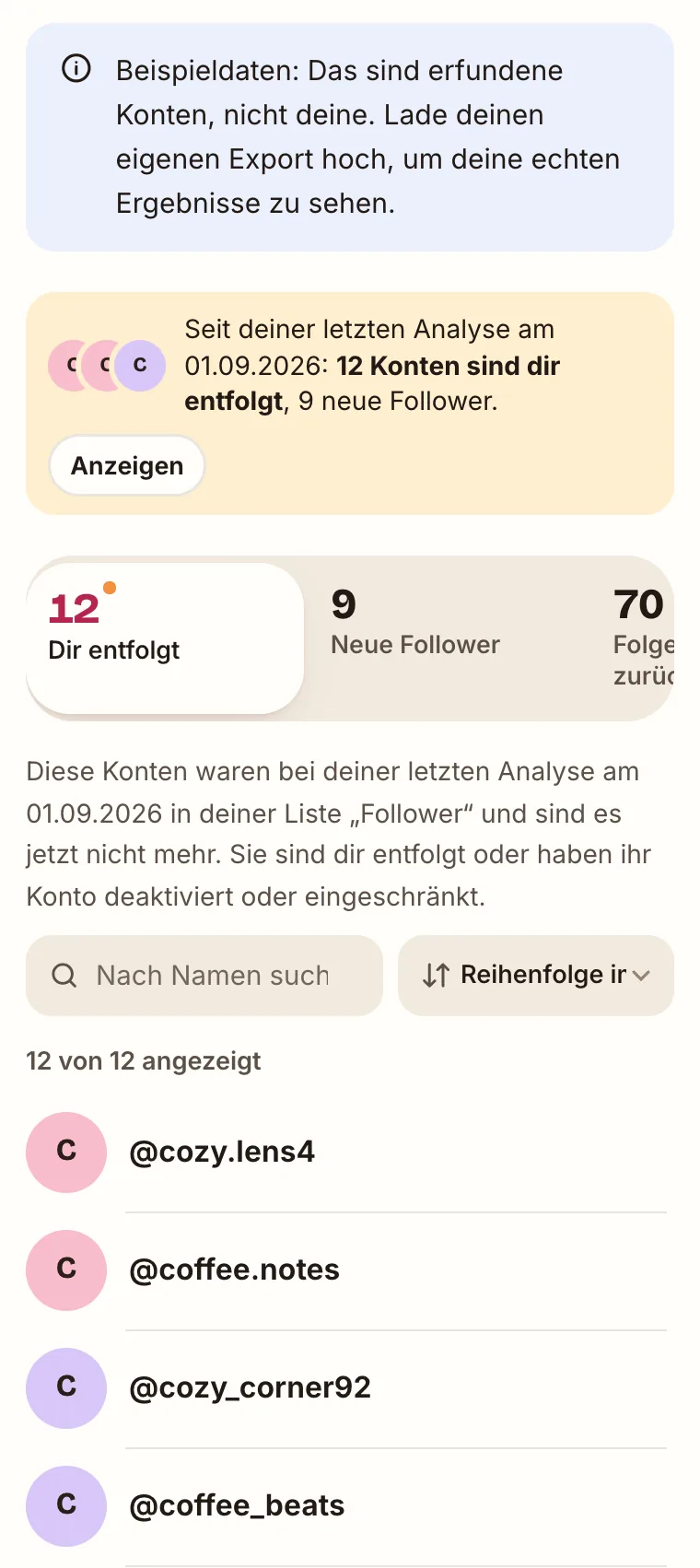UnfollowTool-Ergebnis mit Beispieldaten: Hinweis „Seit deiner letzten Analyse am 01.09.2026: 12 Konten sind dir entfolgt, 9 neue Follower“, der gewählte Tab „12 Dir entfolgt“ und die ersten Benutzernamen der Liste