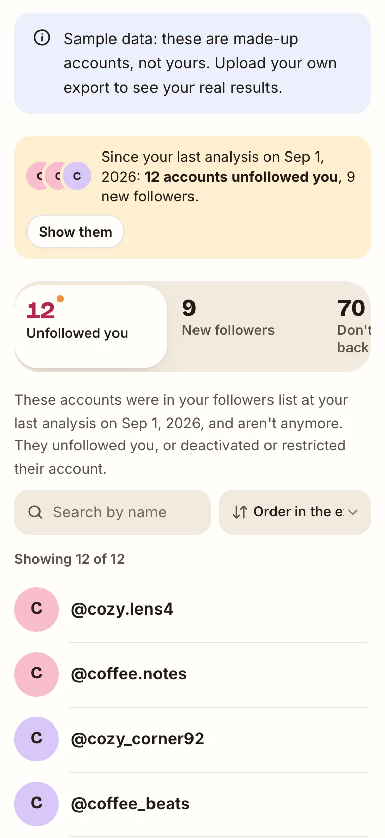 UnfollowTool results with sample data: a note “Since your last analysis on Sep 1, 2026: 12 accounts unfollowed you, 9 new followers”, the selected tab “12 Unfollowed you” and the first usernames on that list